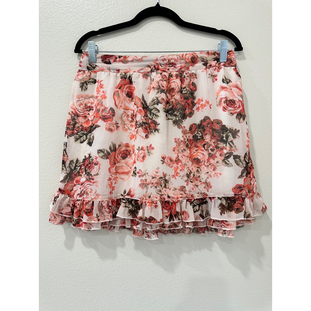 Wrapper Womens Floral Mini Skirt Pink Red Rose Ruffle Hem Chiffon Size Medium
